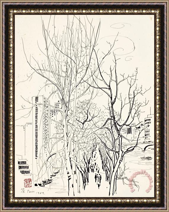 Wu Guanzhong Scenery Along The Seine 巴黎塞納河, 1989 Framed Print
