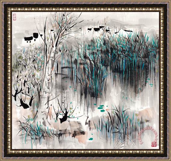 Wu Guanzhong Village by The River Framed Painting