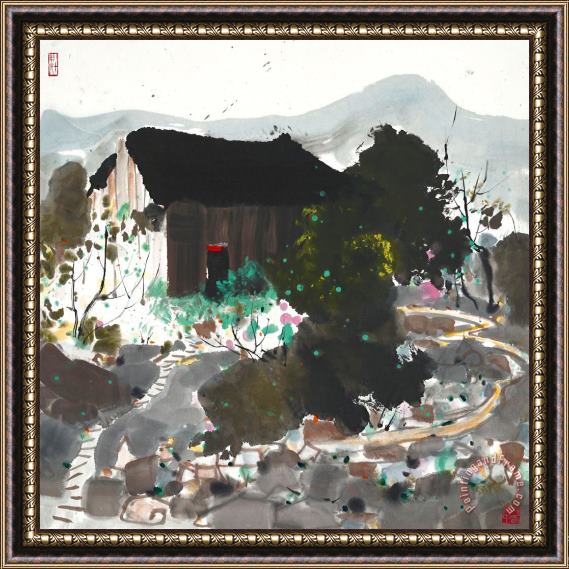 Wu Guanzhong Village Cottage Framed Painting