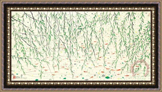 Wu Guanzhong Willow And Fish Framed Painting