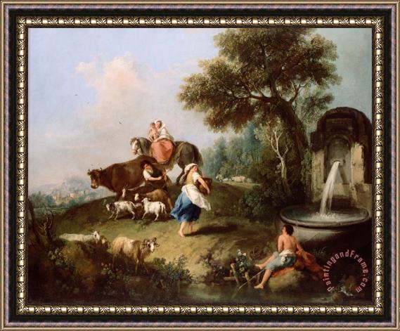 Zuccarelli, Francesco Landscape with a Fountain, Figures And Animals Framed Painting