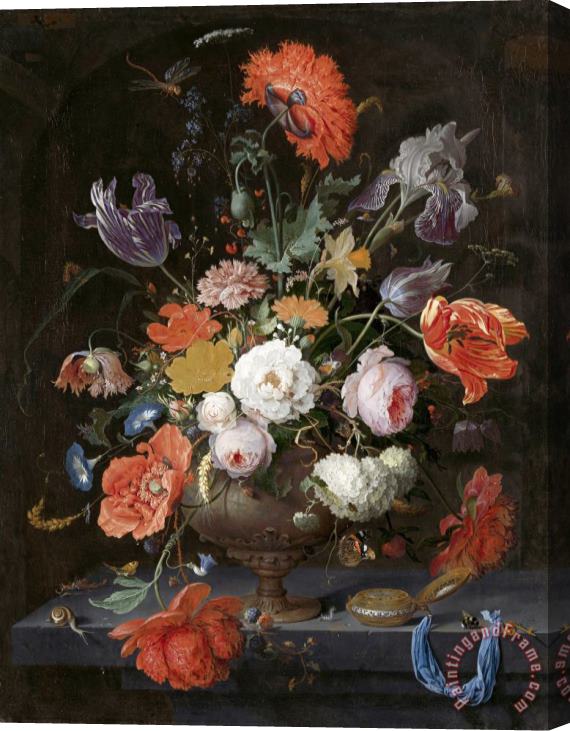 Abraham Mignon Still Life with Flowers And a Watch Stretched Canvas Print / Canvas Art