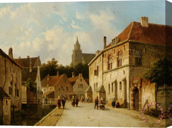 Adrianus Eversen Figures Along a Canal in a Dutch Town Stretched Canvas Painting / Canvas Art