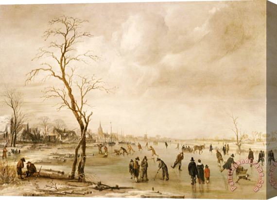 Aert van der Neer A Winter Landscape With Townsfolk Skating And Playing Kolf On A Frozen River Stretched Canvas Painting / Canvas Art
