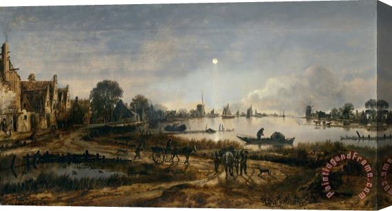 Aert van der Neer River View by Moonlight Stretched Canvas Painting / Canvas Art