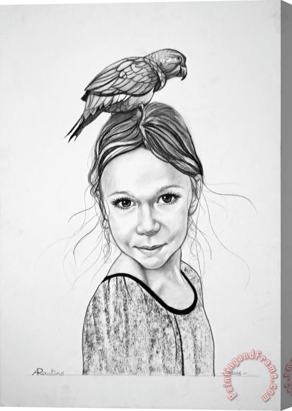 Agris Rautins Portrait of a girl with parrot Stretched Canvas Painting / Canvas Art