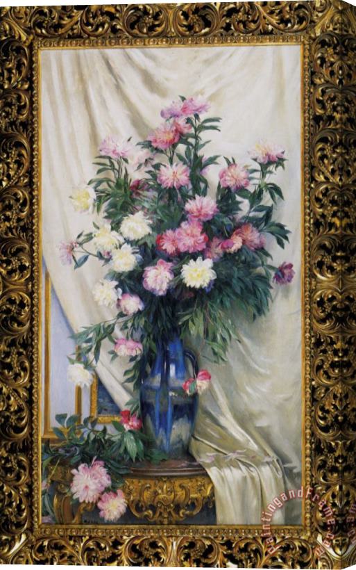 Albert Aublet Peonies in a Blue Vase on a Draped Regency Giltwood Console Table Stretched Canvas Painting / Canvas Art