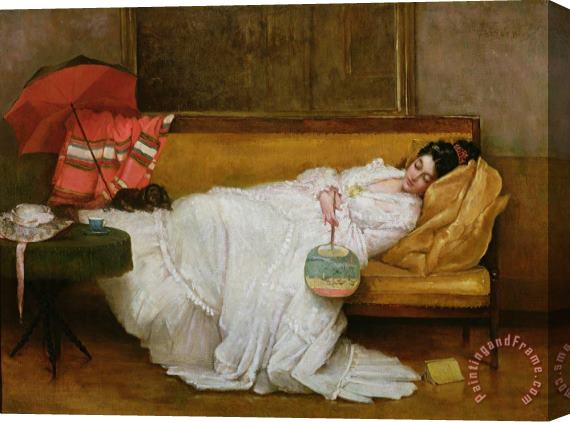 Alfred Emile Stevens  Girl in a white dress resting on a sofa Stretched Canvas Painting / Canvas Art