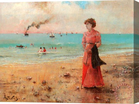 Alfred Stevens Jeune Femme a L'ombrelle Rouge Au Bord De La Mer Stretched Canvas Painting / Canvas Art