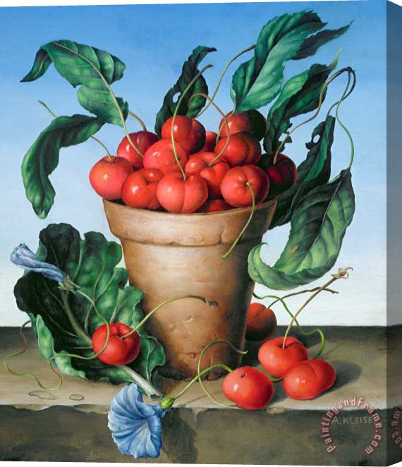 Amelia Kleiser Cherries in terracotta with blue flower Stretched Canvas Painting / Canvas Art