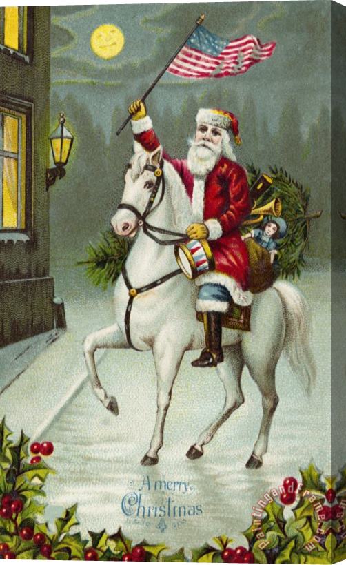 American School A Merry Christmas card of Santa Riding a White Horse Stretched Canvas Painting / Canvas Art