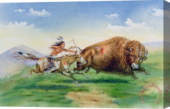 American School Sioux Hunting Buffalo on Decorated Pony Stretched Canvas Painting / Canvas Art