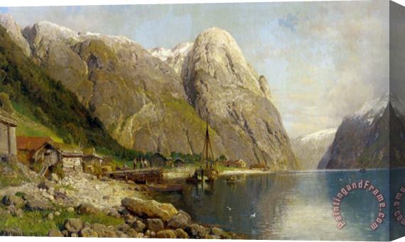Anders Monsen Askevold A Village by a Fjord Stretched Canvas Print / Canvas Art