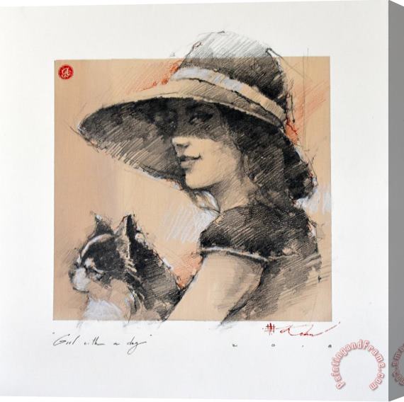 Andre Kohn Girl with a Dog, 2018 Stretched Canvas Painting / Canvas Art