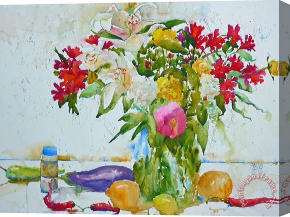 Andre Mehu Lilies and red peppers Stretched Canvas Painting / Canvas Art