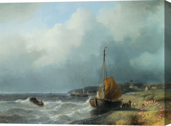 Andreas Schelfhout Fisherfolk by a Beached Bomschuit Stretched Canvas Painting / Canvas Art