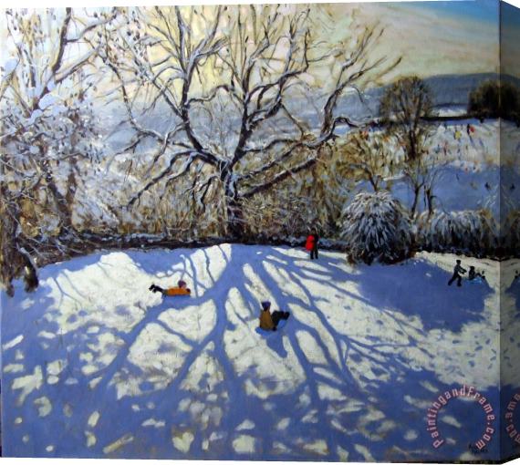 Andrew Macara Large tree and tobogganers Stretched Canvas Painting / Canvas Art