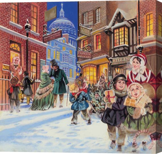 Angus McBride Dickensian Christmas Scene Stretched Canvas Print / Canvas Art