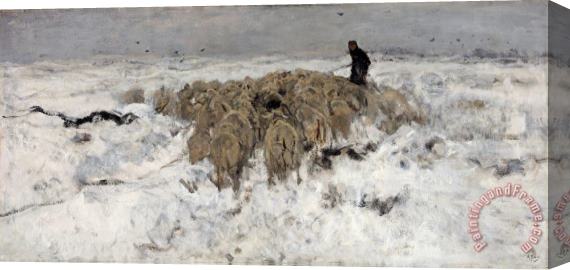 Anton Mauve Flock of Sheep with Shepherd in The Snow Stretched Canvas Print / Canvas Art