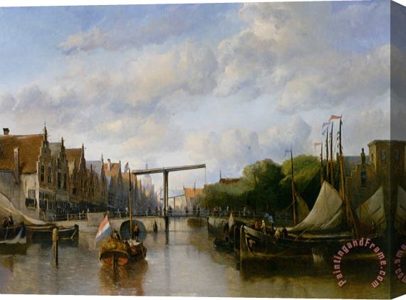 Antonie Waldorp A Busy Canal in a Dutch Town Stretched Canvas Painting / Canvas Art