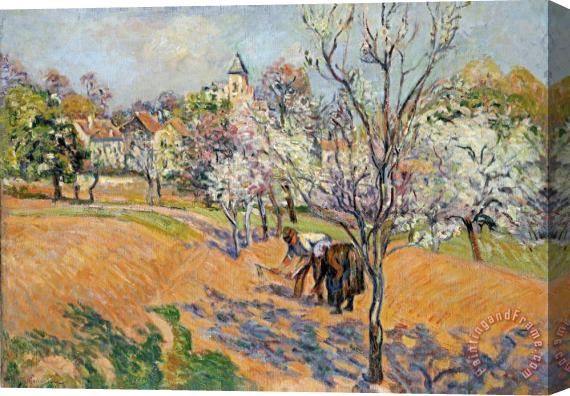 Armand Guillaumin Two Peasants Sowing Haricots in an Orchard in Blossom Stretched Canvas Print / Canvas Art