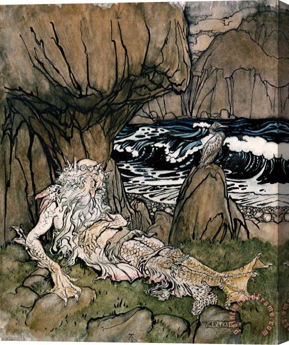 Arthur Rackham A Crowned 'merman' a Sea God Sleeping on a Rocky Shore Stretched Canvas Print / Canvas Art