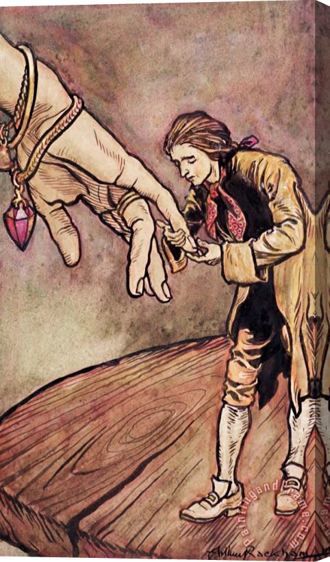 Arthur Rackham Gulliver in Brobdingnag Kissing the Hand of the Queen Stretched Canvas Painting / Canvas Art