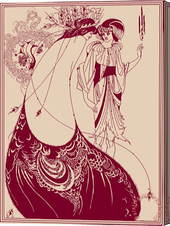 Aubrey Beardsley Peacock Skirt Maroon And Cream Stretched Canvas Painting / Canvas Art