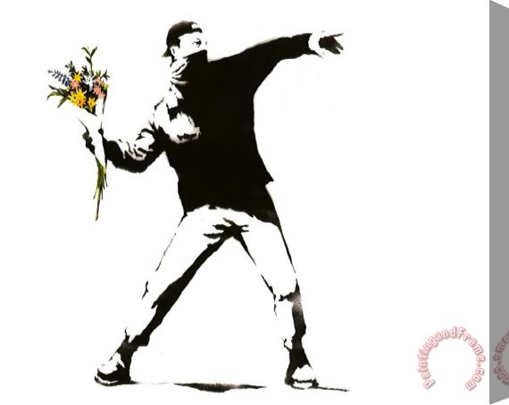 Banksy Flower Thrower White Stretched Canvas Print / Canvas Art