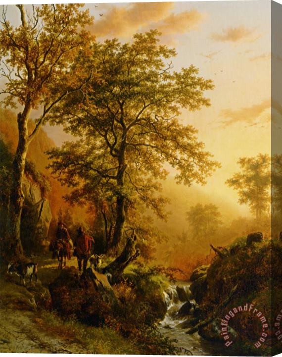 Barend Cornelis Koekkoek A Traveller And a Herdsman in a Mountainous Landscape Stretched Canvas Print / Canvas Art