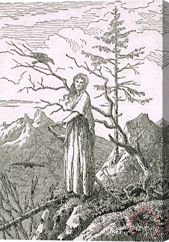 Caspar David Friedrich Woman with a Raven, on The Edge of a Precipice (woodcut) Stretched Canvas Painting / Canvas Art
