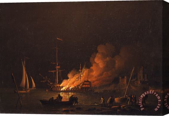 Charles Brooking Ship on Fire at Night Stretched Canvas Print / Canvas Art