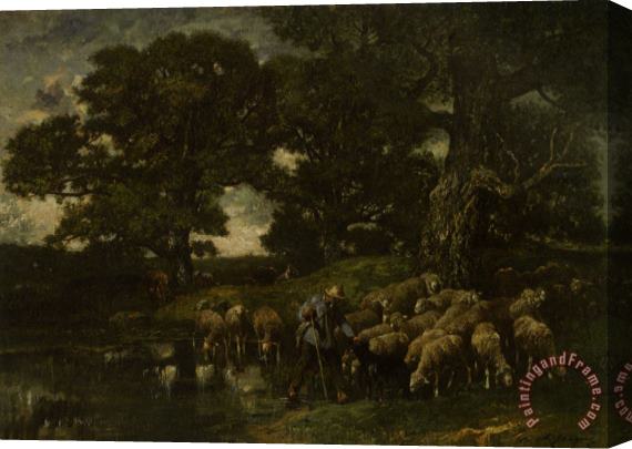 Charles Emile Jacque A Shepherd And His Flock by a Pond Stretched Canvas Print / Canvas Art