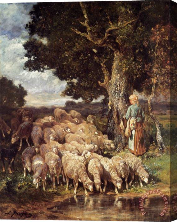 Charles Emile Jacque A Shepherdess with Her Flock Near a Stream Stretched Canvas Painting / Canvas Art