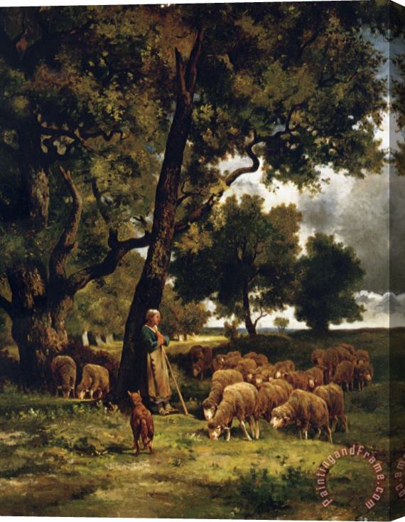 Charles Emile Jacque The Shepherdess And Her Flock Stretched Canvas Print / Canvas Art