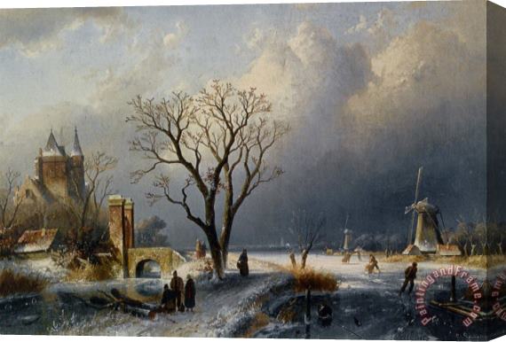 Charles Henri Joseph Leickert A Winter Landscape with Figures Near a Castle Stretched Canvas Painting / Canvas Art
