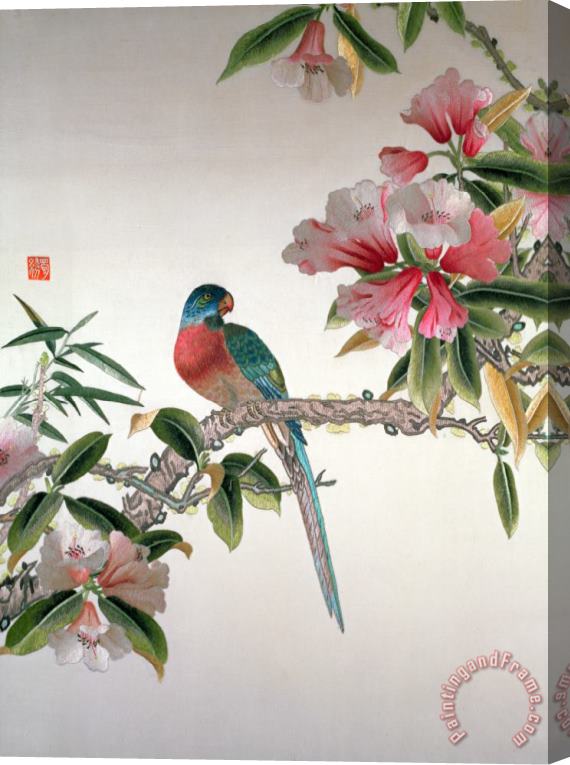 Chinese School Jay on a flowering branch Stretched Canvas Painting / Canvas Art