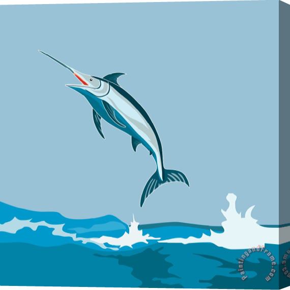 Collection 10 Blue Marlin Fish Jumping Retro Stretched Canvas Print / Canvas Art