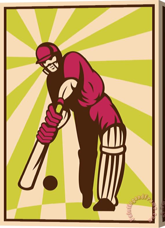 Collection 10 Cricket Sports Batsman Batting Retro Stretched Canvas Print / Canvas Art