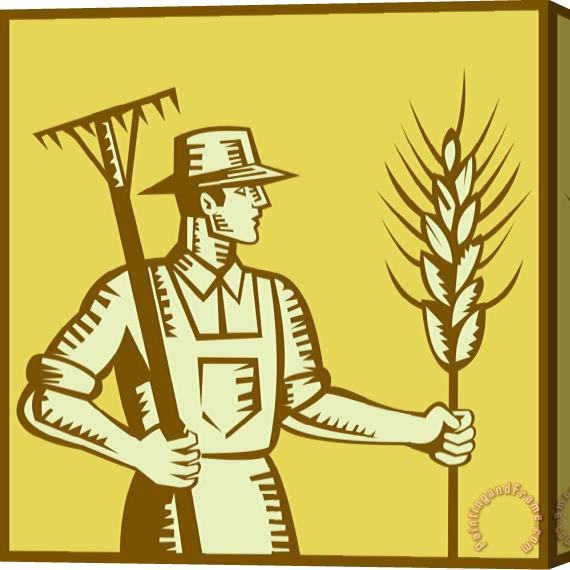 Collection 10 Farmer With Rake and Wheat Woodcut Stretched Canvas Painting / Canvas Art