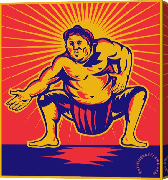 Collection 10 Sumo wrestler crouching retro woodcut Stretched Canvas Print / Canvas Art