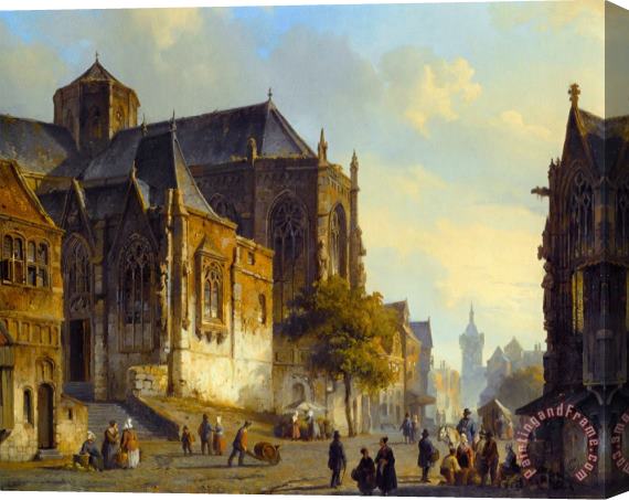 Cornelis Springer Figures on a Market Square in a Dutch Town Stretched Canvas Print / Canvas Art
