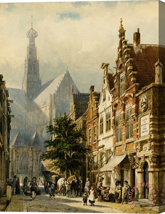 Cornelis Springer Manu Figures in The Streets of Haarlem Stretched Canvas Print / Canvas Art