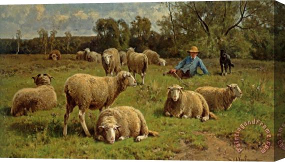 Cornelis Van Leemputten A Shepherd And His Dog Guarding a Flock of Sheep Stretched Canvas Print / Canvas Art