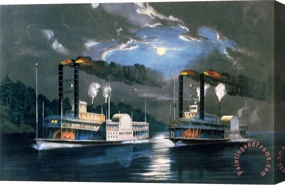 Currier and Ives A Midnight Race on the Mississippi Stretched Canvas Painting / Canvas Art