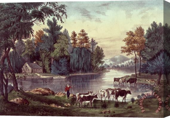 Currier and Ives Cows on the Shore of a Lake Stretched Canvas Painting / Canvas Art