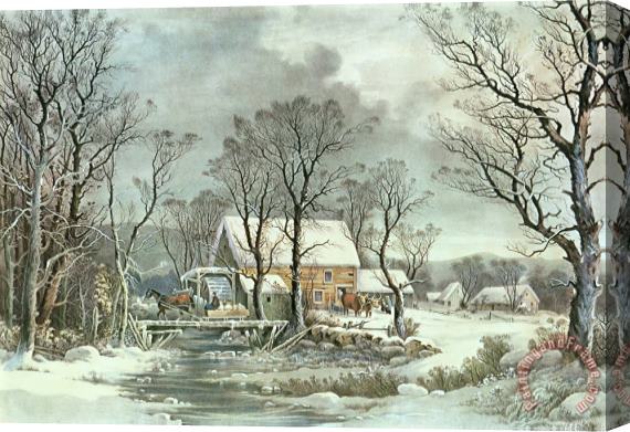 Currier and Ives Winter in the Country - the Old Grist Mill Stretched Canvas Painting / Canvas Art