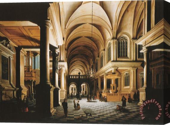 Daniel De Blieck A Church Interior by Candlelight with Figures Conversing Stretched Canvas Painting / Canvas Art