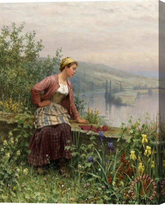 Daniel Ridgway Knight Brittany Girl Overlooking a Stream Stretched Canvas Painting / Canvas Art