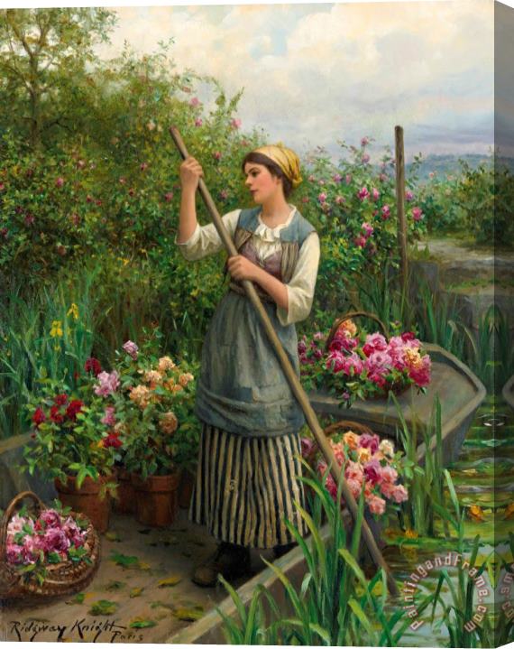 Daniel Ridgway Knight Gathering Flowers Along The River Stretched Canvas Print / Canvas Art